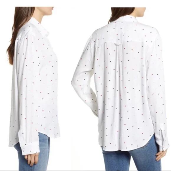 Rails Rocsi Heart Print Long Sleeve Curved Hem Button Down Shirt Top Women's XS - Picture 2 of 7